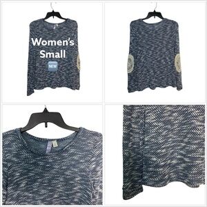 Women's ALYA S Small 4 - 6 Crewneck Knit Sweater Blue Long Sleeve Lace Elbow Pad